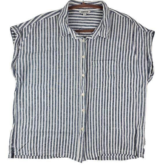 Orvis Linen Shirt Large Womens Striped Blue White Button Up Boxy Boho Lagenlook - Picture 2 of 16